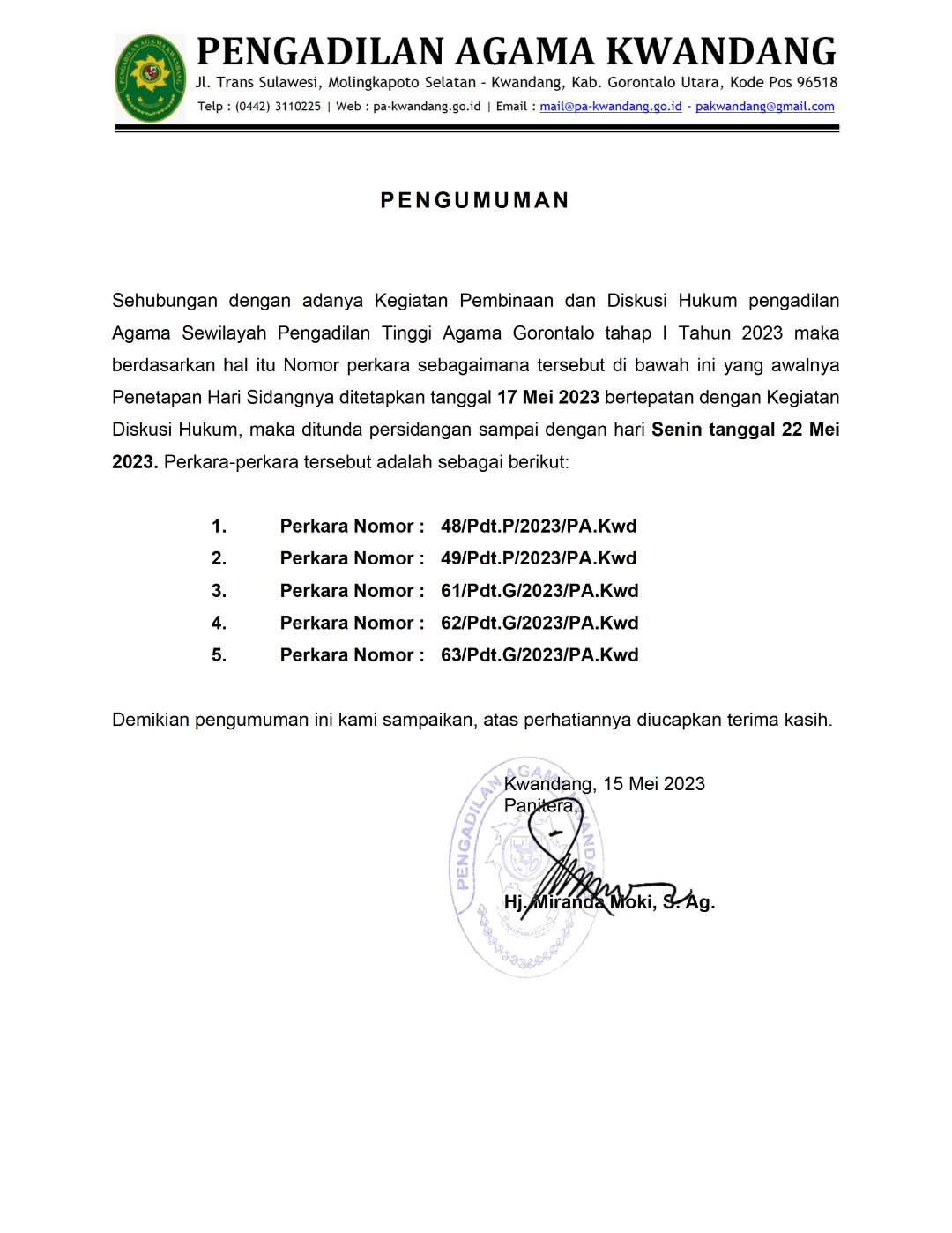 PENGUMUMAN penundaan 170523